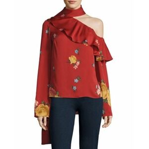 New Magda Butrym One Shoulder Ruffle Neck Top Red Floral Silk Long Sleeve SZ M